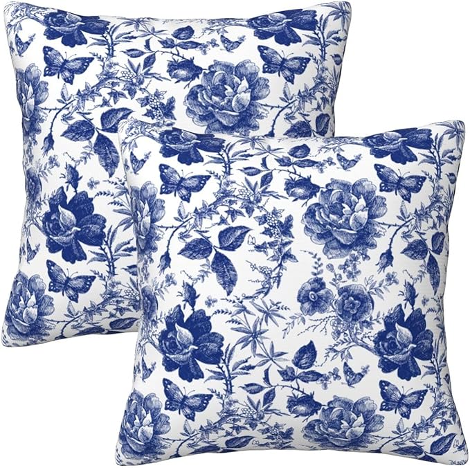 Tebjh Blue and White Porcelain Floral Butterfly Pillow Covers 18x18 in Vintage Chinoiserie Couch Pillow Case Sets of 2 Mod...