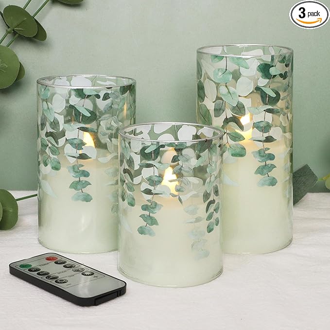 Immeiscent Green Glass Flameless Candles Remote Timer Eucalyptus Leaves Greenery Design Battery Operated Flicker Pillar Ca...