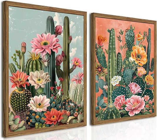 Framed Mexican Cactus Canvas Wall Art Set of 2, Vintage Desert Floral Wall Decor Paintings, Southwestern Boho Botanical Pi...