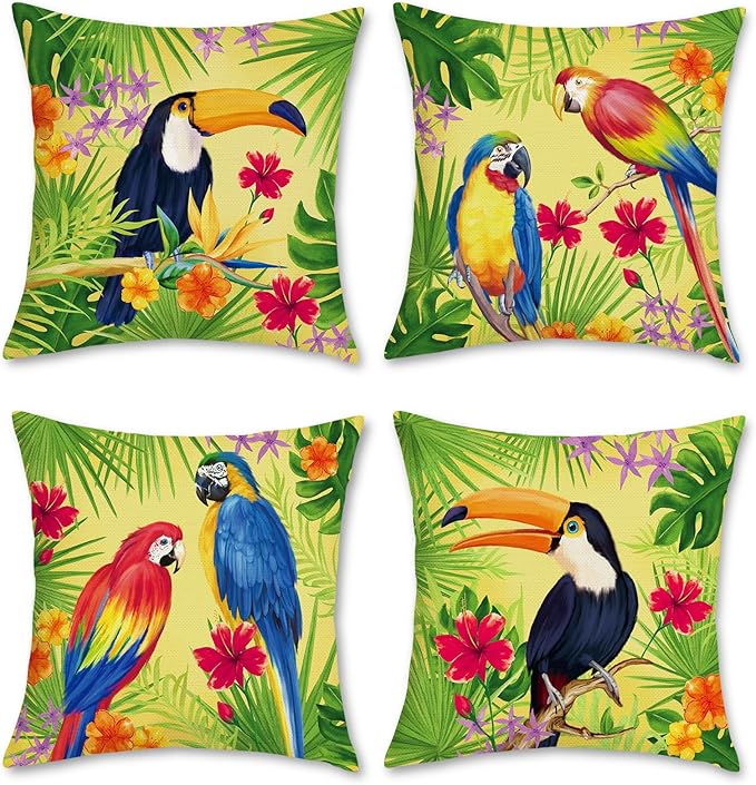 Bonhause Tropical Birds Parrot Toucan Throw Pillow Covers 18 x 18 Inch Set of 4 Flowers Leaves Outdoor Decorative Pillow C...