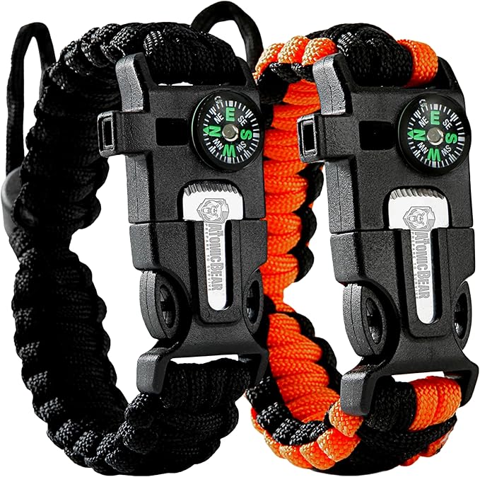 Atomic Bear Paracord Bracelet (2 Pack) - Adjustable - Fire Starter - Loud Whistle - Perfect for Hiking, Camping, Fishing a...