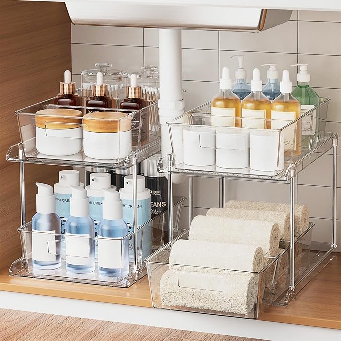 Fabspace Pull-out Home Organizer, 2 Pack 2 Tier Clear Bathroom Organizer with Dividers, Multipurpose Vanity Counter Tray, ...