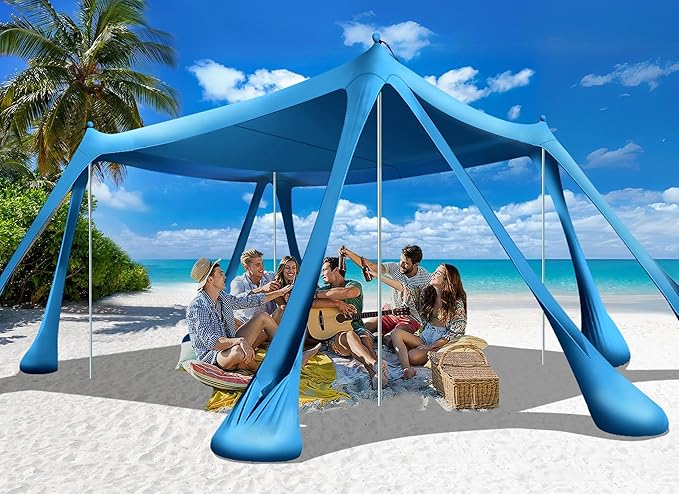 Ahititi Beach Tent Sun Shelter Beach Canopy Tent Sun Shade Pop Up 10x10 UPF50+ with 8 Sandbags-2 Sand Shovel-Portable 4 Al...
