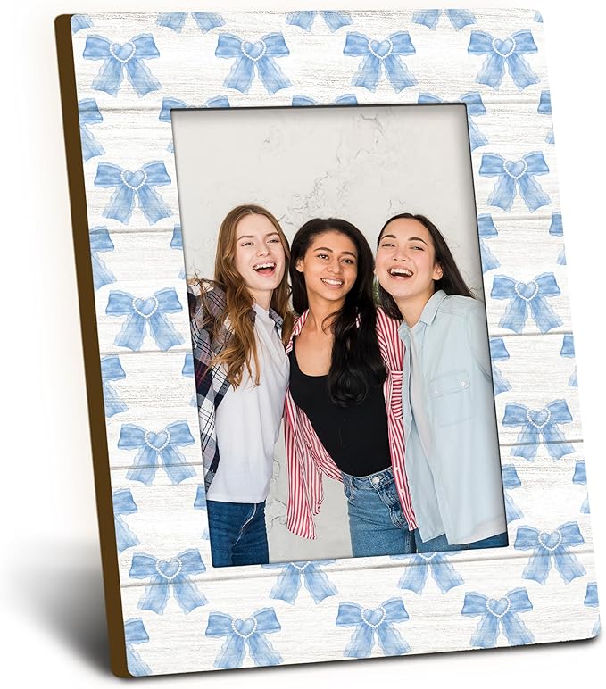 Foyoulame Blue Bow Picture Frame 4x6, Blue Preppy Coquette Bow Decor Wooden Picture Frame, Preppy Girly Gifts for Women Gi...