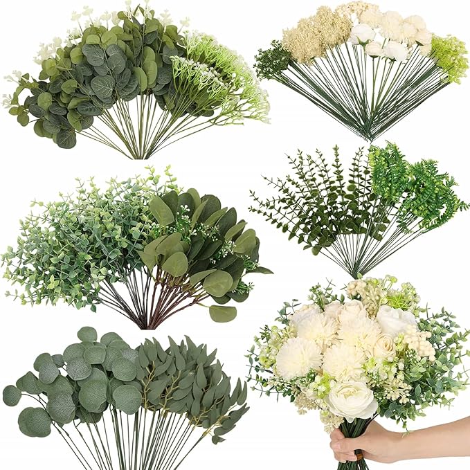 120Pcs 15 Kinds Mixed Artificial Eucalyptus Leaves Stems and Faux Flowers Bulk, Fake Silver Dollar Eucalyptus Bundle Plant...