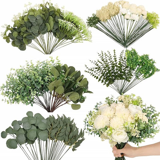 120Pcs 15 Kinds Mixed Artificial Eucalyptus Leaves Stems and Faux Flowers Bulk, Fake Silver Dollar Eucalyptus Bundle Plant...