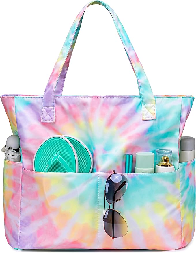 CAMTOP Waterproof Beach Tote Bag for Women Girls with Zipper Foldable Sandproof Pool Swim Bag Travel Carry On Gym