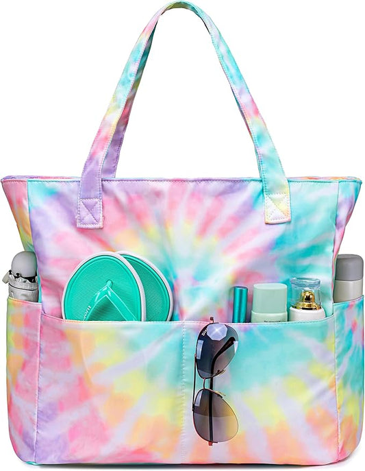 CAMTOP Waterproof Beach Tote Bag for Women Girls with Zipper Foldable Sandproof Pool Swim Bag Travel Carry On Gym