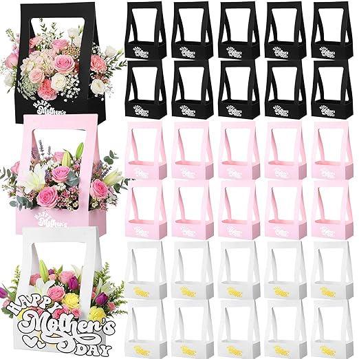 PerKoop 30 Pcs Mother's Day Flower Box for Arrangement Bouquet Bags for Flowers Gift Bags with Handle Waterproof Packaging...