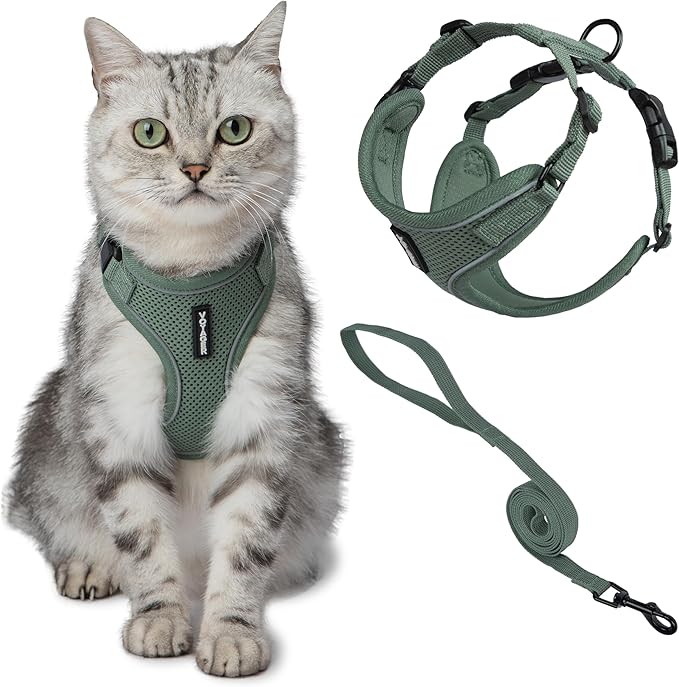 Voyager Escape-Proof Step-in Lock Cat Harness & 5ft Neoprene-Handle Leash Set All-Weather Mesh with Reflective Stitching f...