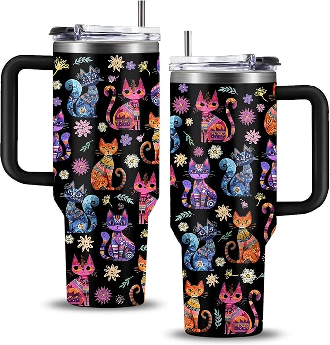 WWHSAI Cat Gifts for Women Cats Tumbler with Handle 40Oz Christmas Birthday Flowers & Elegance Cats Gift for Cat Lover Owner
