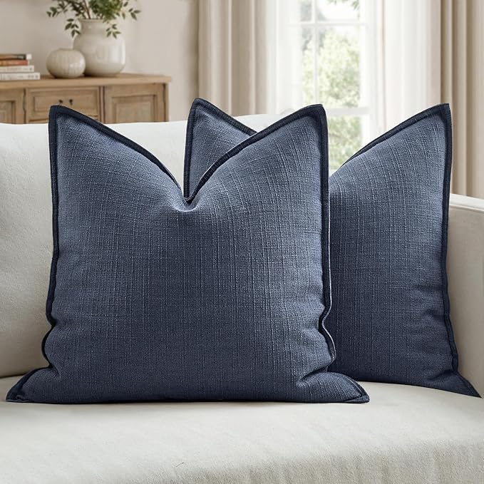 MIULEE Pack of 2 Thick Textured Couch Throw Pillow Covers, Navy Blue Decorative Pillow Covers 20x20, Neutral Linen Cushion...