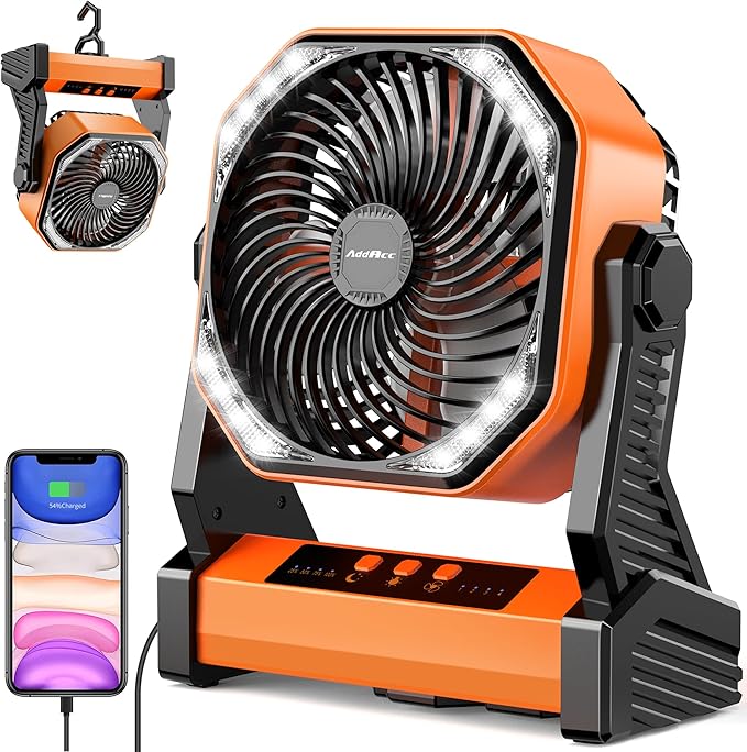 20000mAh Battery Powered Camping Fan, 58Hrs Rechargeable Portable Fan, 400LM Light, 360° Hook, Whisper Quiet Battery Opera...