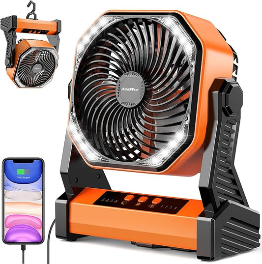 20000mAh Battery Powered Camping Fan, 58Hrs Rechargeable Portable Fan, 400LM Light, 360° Hook, Whisper Quiet Battery Opera...