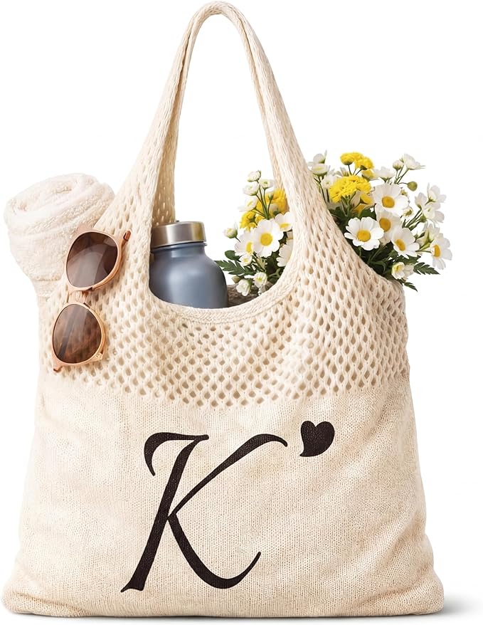 Shinylin Personalized Crochet Tote Bag for Beach Women Beige Mesh Knit Shoulder Bag Boho Aesthetic Tote for Women