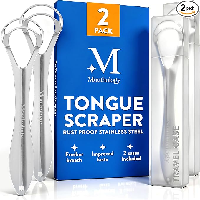 BASIC CONCEPTS Tongue Scraper for Adults (2 Pack), Reduce Bad Breath (Travel Cases Included), Stainless Steel Tongue Clean...