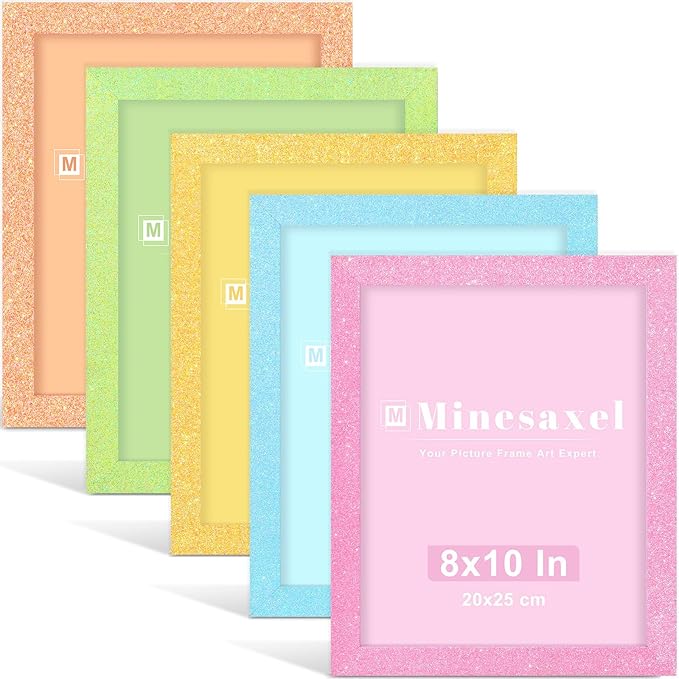 Minesaxel 8x10 Colorful Picture Frame Set of 5, Wall Gallery 8 x 10 Glitter Photo Frames, Sparkle Cute Fun Artwork Frame f...