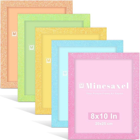 Minesaxel 8x10 Colorful Picture Frame Set of 5, Wall Gallery 8 x 10 Glitter Photo Frames, Sparkle Cute Fun Artwork Frame f...