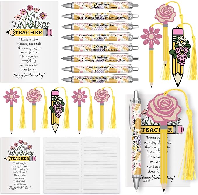 FunooFuno 36 Pcs/12 Sets Teacher Appreciation Gifts Bulk Pencil Shaped Flower Bookmarks with Tassels Mini Notebooks Small ...