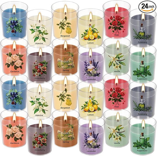 Aromatherapy Candles Set - 24 Pack Scented Candles with 12 Natural Fragrances, Votive Candles in Clear Plastic Jars for Ho...