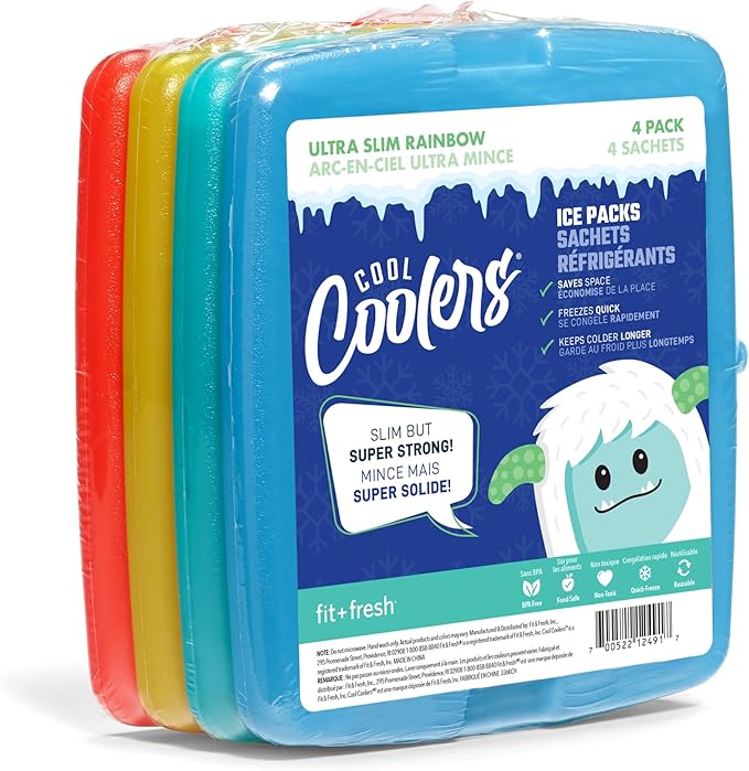 Cool Coolers By Fit & Fresh 4 Pack Slim Ice Packs, Quick Freeze Space Saving Reusable Ice Packs for Lunch Boxes or Cooler...