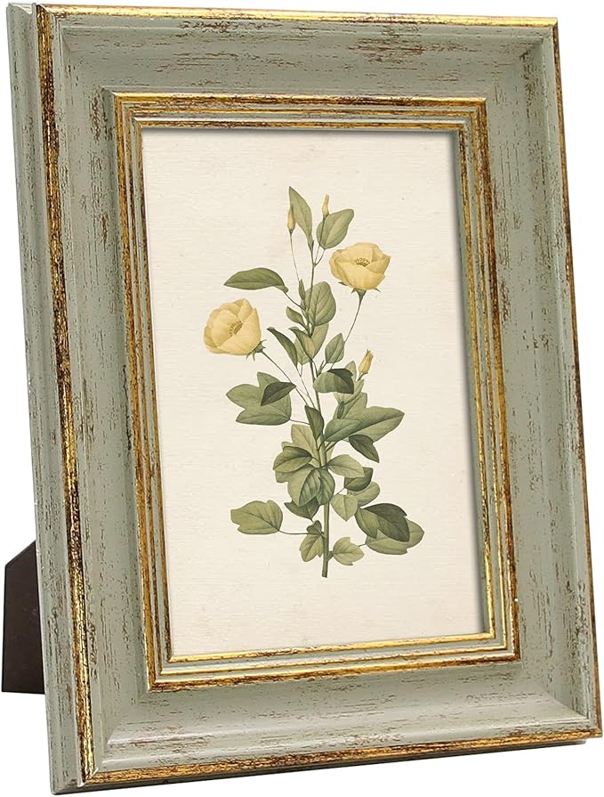Sapowerntus Vintage 5x7 Picture Frame Gold Line Sage Green Distressed Photo Frames Set Antique Real Glass Wall Hanging Tab...