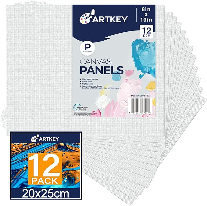 Artkey Canvas Boards for Painting 8x10 Inch 12 Pack, 10 oz Primed 100% Cotton White Blank Canvases for Painting, Art Suppl...