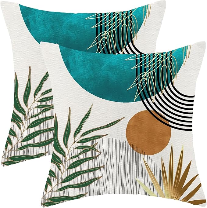 Boho Pillow Covers 20x20 Inch 2 Pcs,Aqua Teal Green Gold Tropical Leaf Summer Outdoor Decorative Throw Pillows,Mid Century...