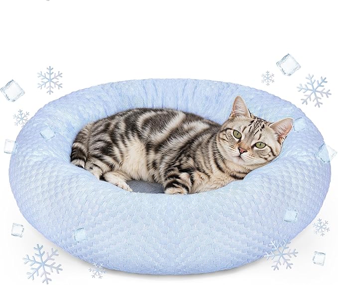Small Donut Dog Bed - Cooling Calming Cuddler for Cats & Puppies, Anti-Anxiety Ice Fabric Round Pet Bed, Washable Comfort ...