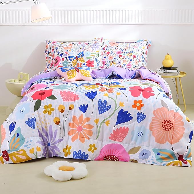 Mooreeke Full Size Comforter Sets for Girls Kids, 8 Pieces Bed in a Bag Purple Floral Butterfly Bedding Comforter Sheet Se...