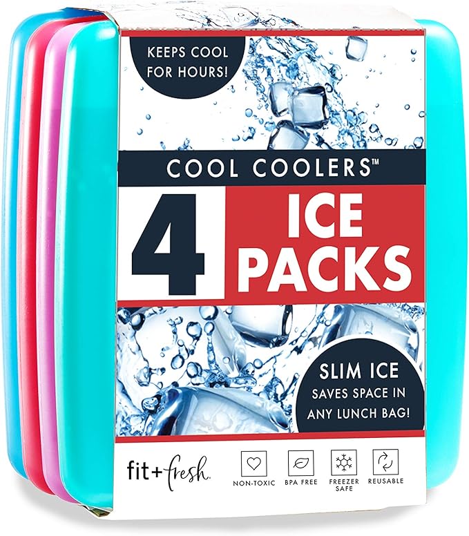 Cool Coolers by Fit & Fresh 4 Pack Slim Ice Packs, Quick Freeze Space Saving Reusable Ice Packs for Lunch Boxes or Cooler...
