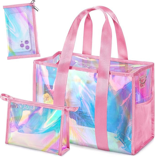 ComfyKit Iridescent Beach Tote Bag for Women - Waterproof Pool & Swim Bag with Detachable Makeup Case & Phone Pouch
