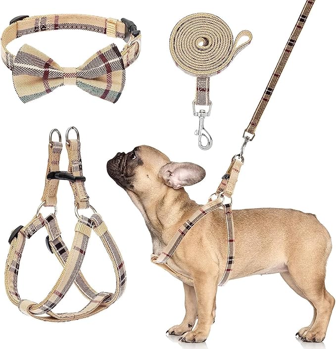 BINGPET Dog Harness Collar Leash Set,Adjustable No Pull Escape Proof Small Dog Harness,Classic Plaid Puppy Harness and Lea...