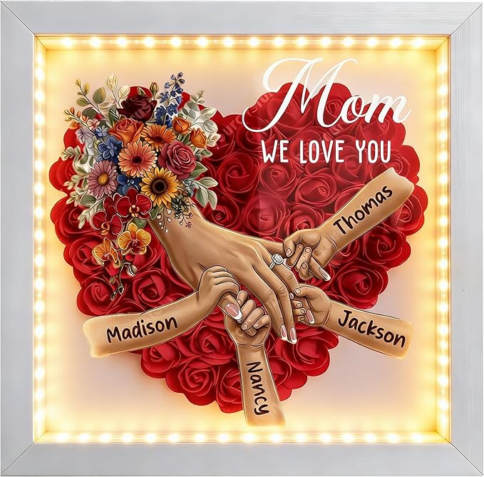Custom Mom Flower Shadow Box with Kids Names, Mommy Holding Hands Flower Frame, Personalized Gifts for Mom from Daughter S...