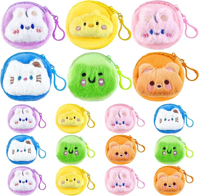 18PCS Cute Coin Purse Mini Plush Coin Pouch Animals Coin Purse with Keychain Colorful Small Change Purse Zippered Coin Pou...