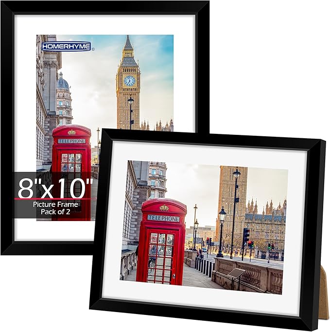 HOMERHYME 8x10 Picture Frame Set of 2, Black Photo Frame for Tabletop or Wall Display, Display Pictures 5x7 with Mat or 8x...