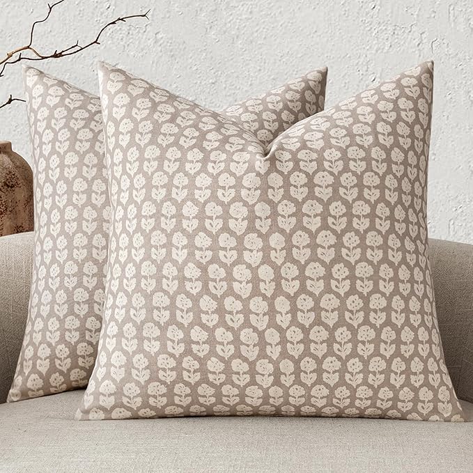 MIULEE Block Print Pillow Covers 20x20 Inch Set of 2, Vintage Floral Throw Pillow Cases Neutral Linen Farmhouse Cushion Co...
