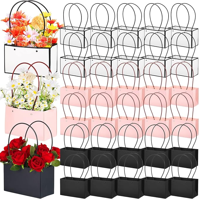 Geelin 30 Pack Flower Paper Gift Bag - Bouquet Portable Rectangle Flower Handbag Waterproof Box with Handles for Wedding A...