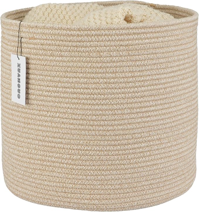 XUANGUO Cotton Rope Basket For Girls Boys Kids 16”X14” Baby Laundry Basket Nursery Bin Round Woven Baskets Organizer For S...