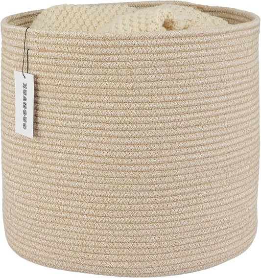 XUANGUO Cotton Rope Basket For Girls Boys Kids 16”X14” Baby Laundry Basket Nursery Bin Round Woven Baskets Organizer For S...