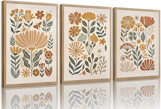 3Pcs Boho Abstract Floral Wall Art Minimalist WildFlower Wall Decor Pictures Modern Botanical Warm Earthy Tones Canvas Pos...