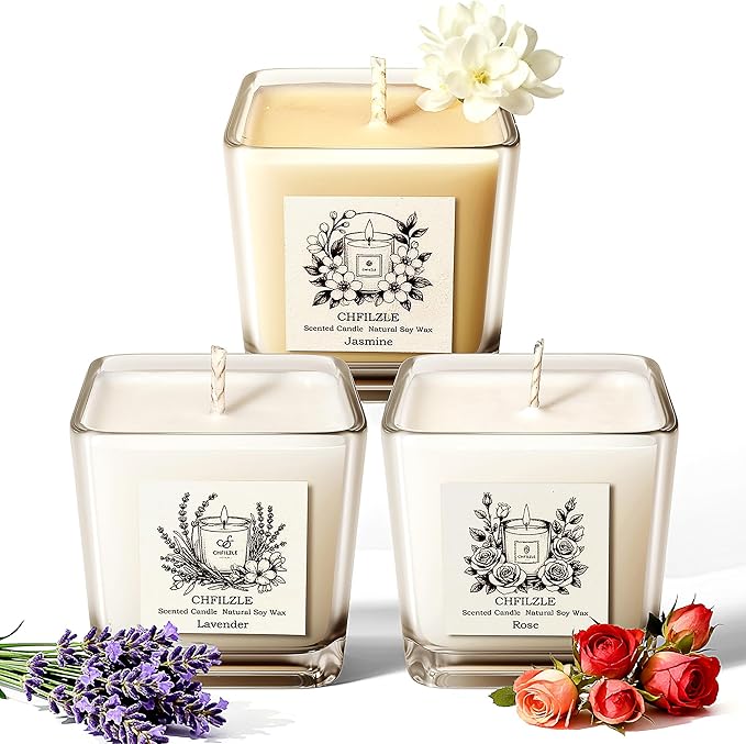 CHFILZLE Scented Candles Gift Set (3 Pack) - Natural Soy Scented Candles for Home, Lavender Rose & Jasmine - Long Lasting ...
