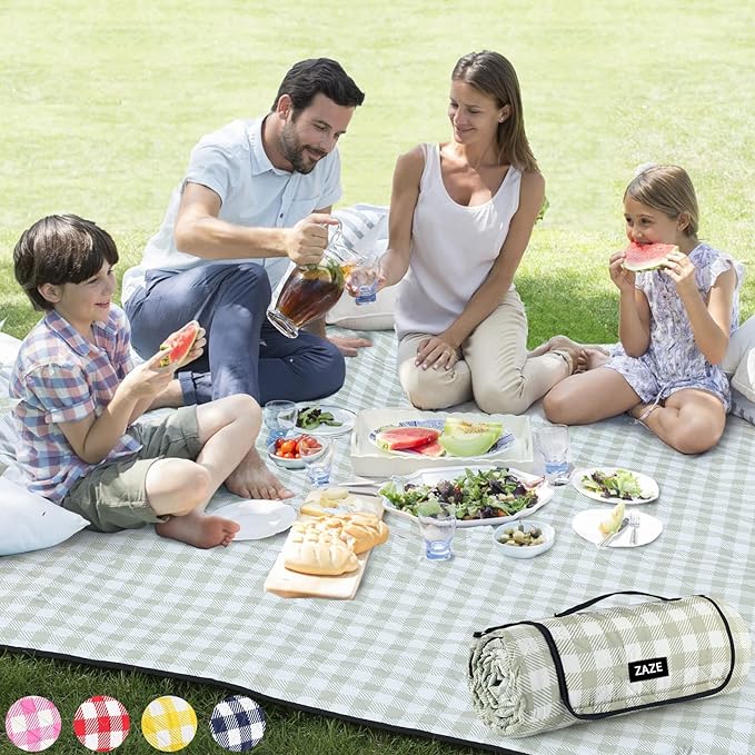 ZAZE Extra Large Picnic Outdoor Blanket, 80''x80'' Waterproof Foldable Blankets Gingham Picnic Mat for Beach, Camping Gras...