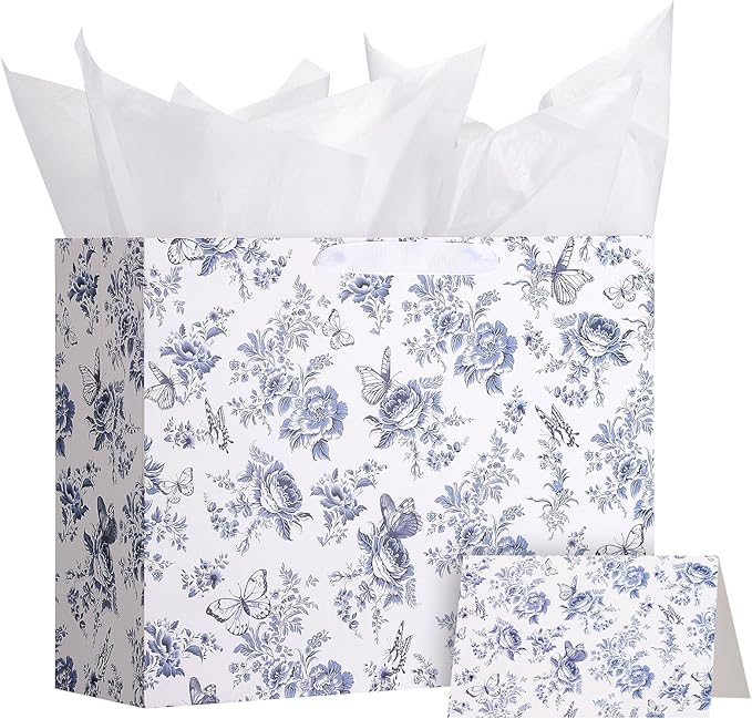 woric 14.5" Large Bridal Shower Gift Bag, Blue Floral Wedding Gift Bag with Greeting Card and Tissue Paper for Women Weddi...