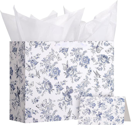 woric 14.5" Large Bridal Shower Gift Bag, Blue Floral Wedding Gift Bag with Greeting Card and Tissue Paper for Women Weddi...