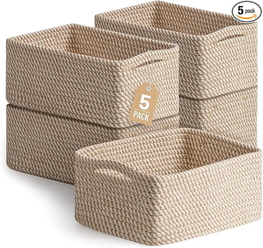 5 Pack Decorative Small Storage Baskets for Shelves, Cotton Rope Woven Basket for Organizing Bathroom, Nursery, Closet, Ca...