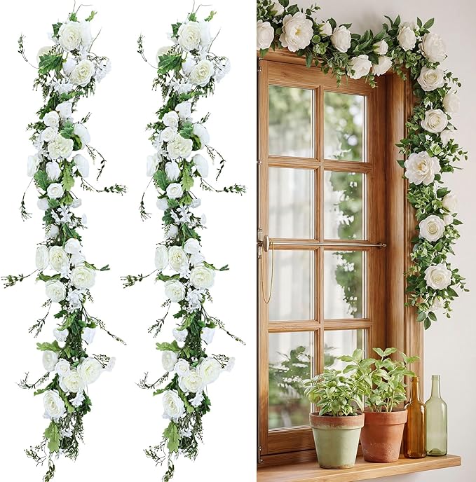Riceshoot 4 Pcs 6ft Flower Garland with Peony & Rose - Artificial Silk Floral Vine Hanging Fake Roses Vine for Wedding Par...