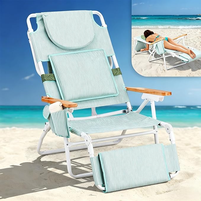 VINGLI Deluxe 3 in1 Beach Chair, Tanning Chair with Face Hole, Reclining Lounge with Foot Rest, Cup Holder and Storage Ba...