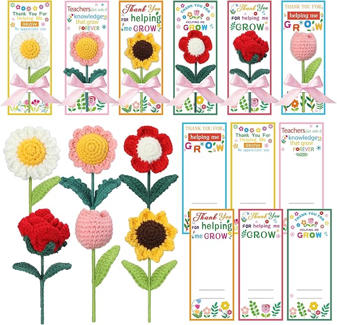 FineCheer 12 Set Teacher Appreciation Gifts for Women Thank You for Helping Me Grow Crochet Flower Teacher Party Favors Th...