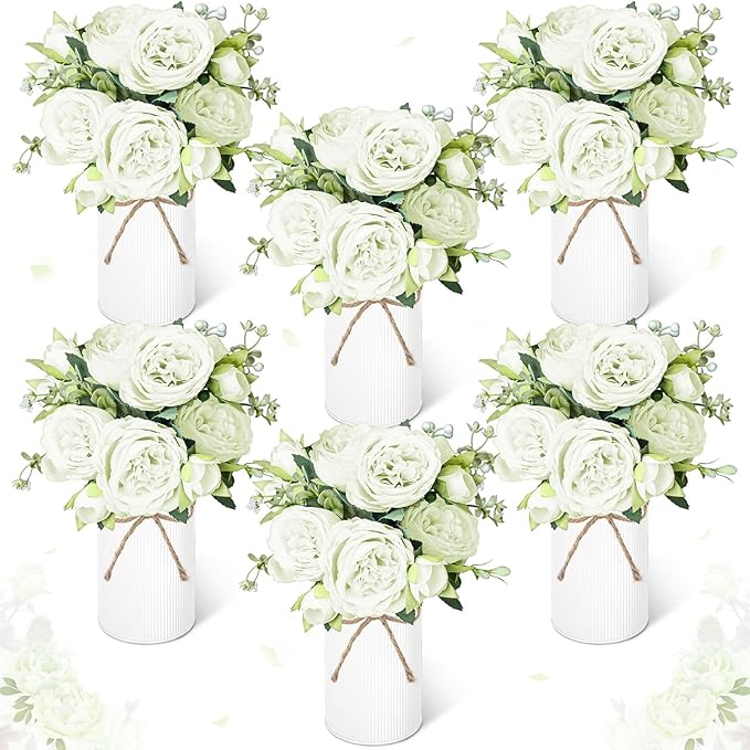 Domensi 6 Sets Wedding Floral Centerpiece for Table Decor, Artificial Peonies Silk Flowers Bouquet with Flower Foam and Me...